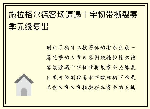 施拉格尔德客场遭遇十字韧带撕裂赛季无缘复出